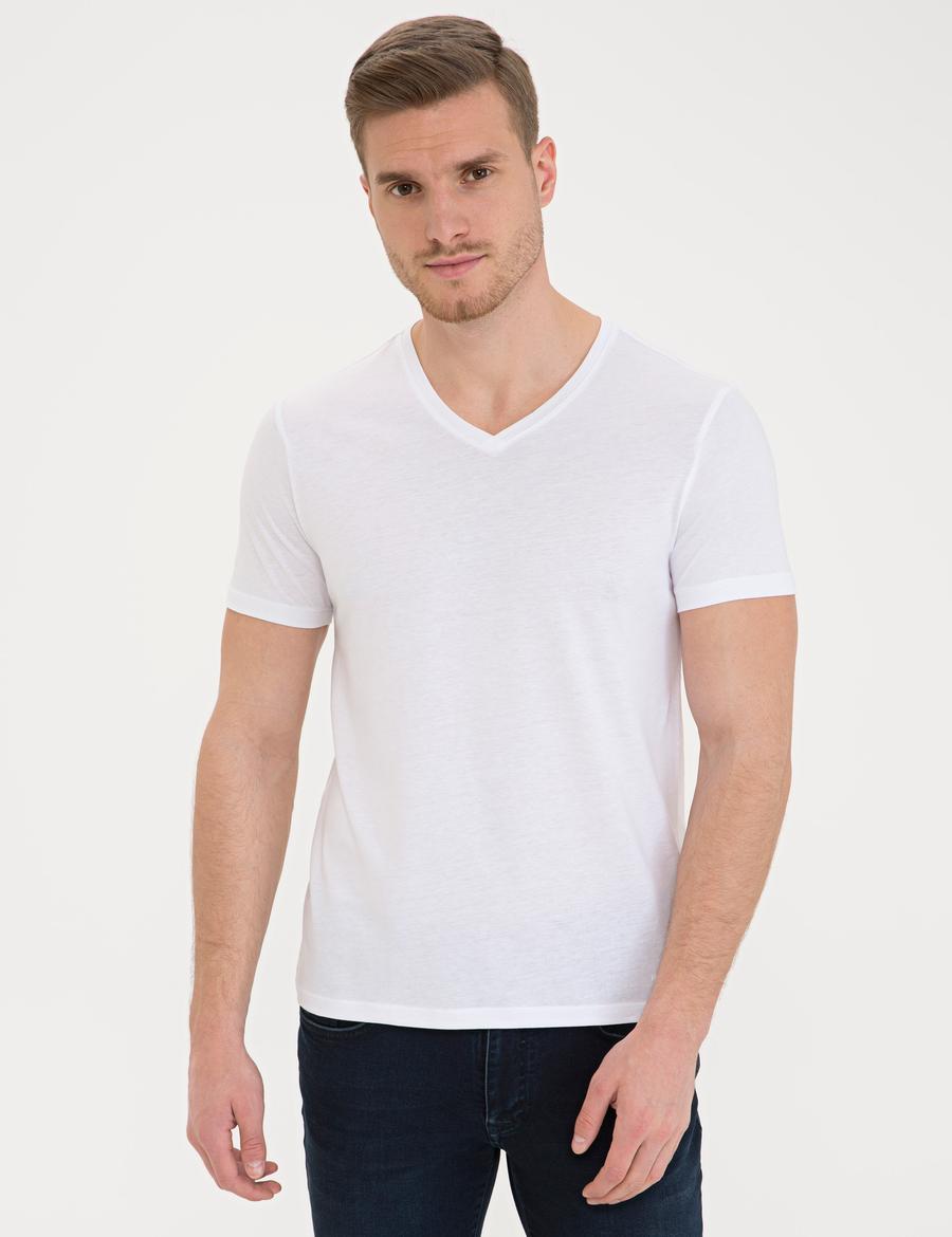 Beyaz Slim Fit V Yaka Basic Tişört