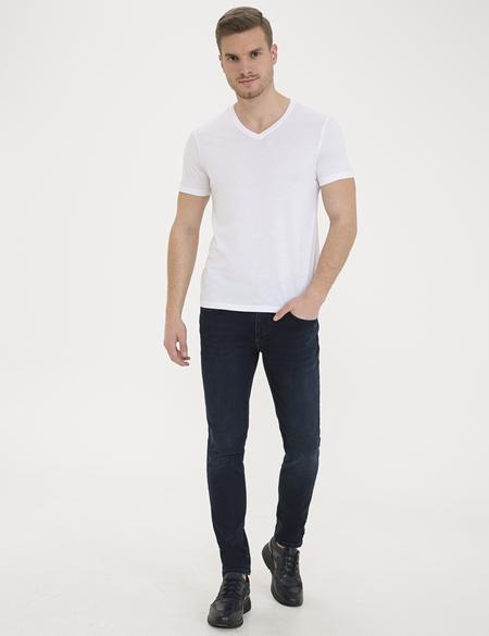 Beyaz Slim Fit V Yaka Basic Tişört - 50232383002