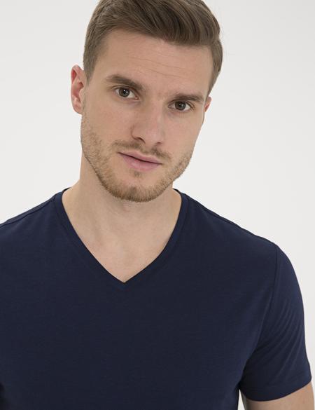 Koyu Lacivert Slim Fit V Yaka Basic Tişört - 50232383125