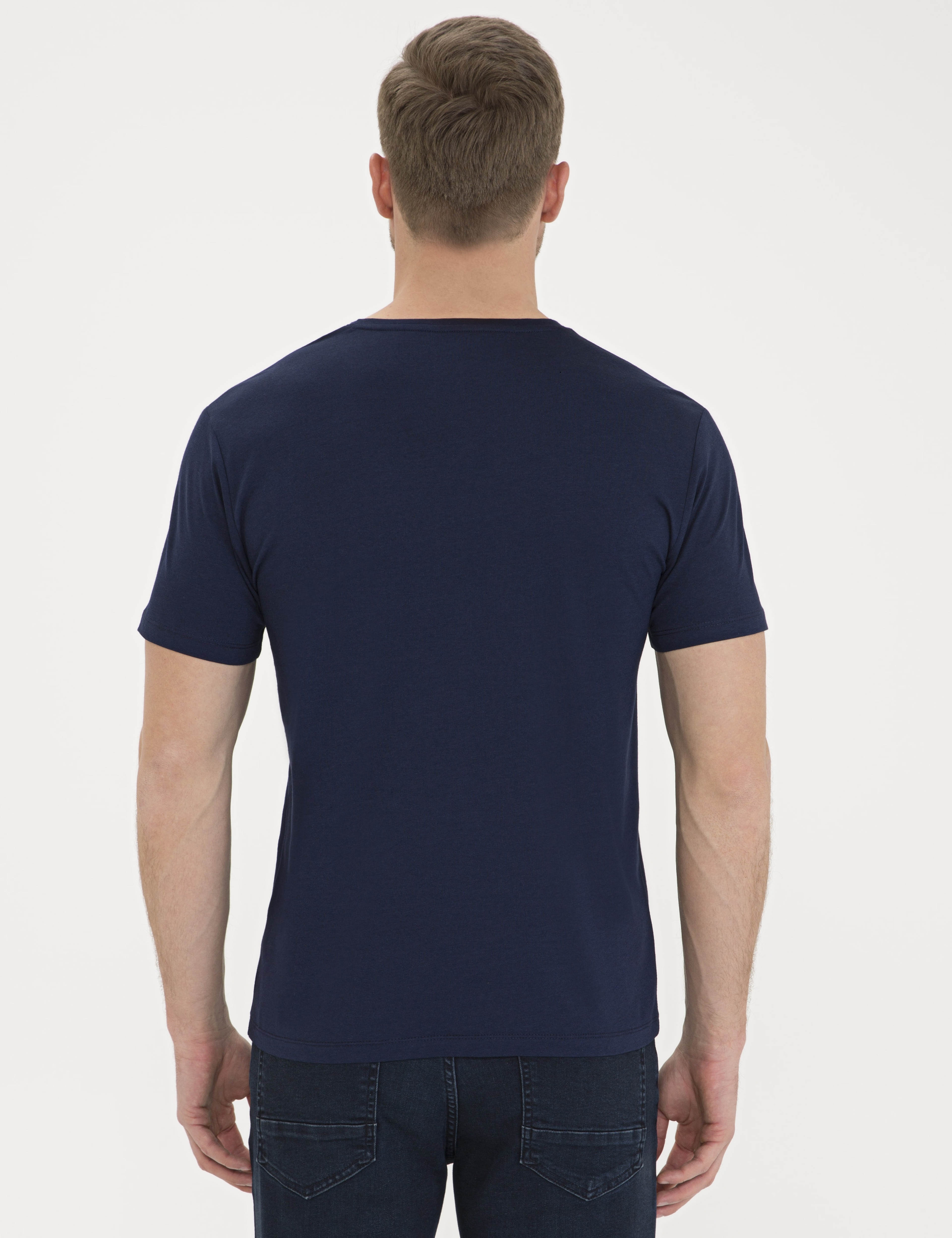 Koyu Lacivert Slim Fit V Yaka Basic Tişört - Image 3