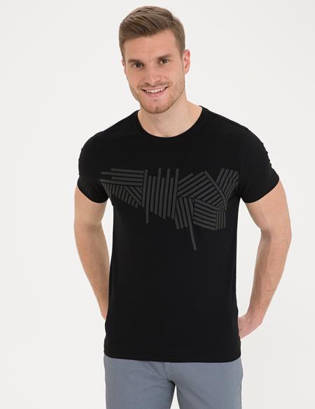 Siyah Slim Fit Bisiklet Yaka Tişört - 50233264115