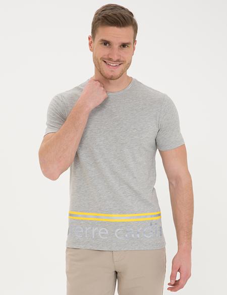 Açık Gri Melanj Slim Fit Baskılı Bisiklet Yaka Tişört - 50233263151