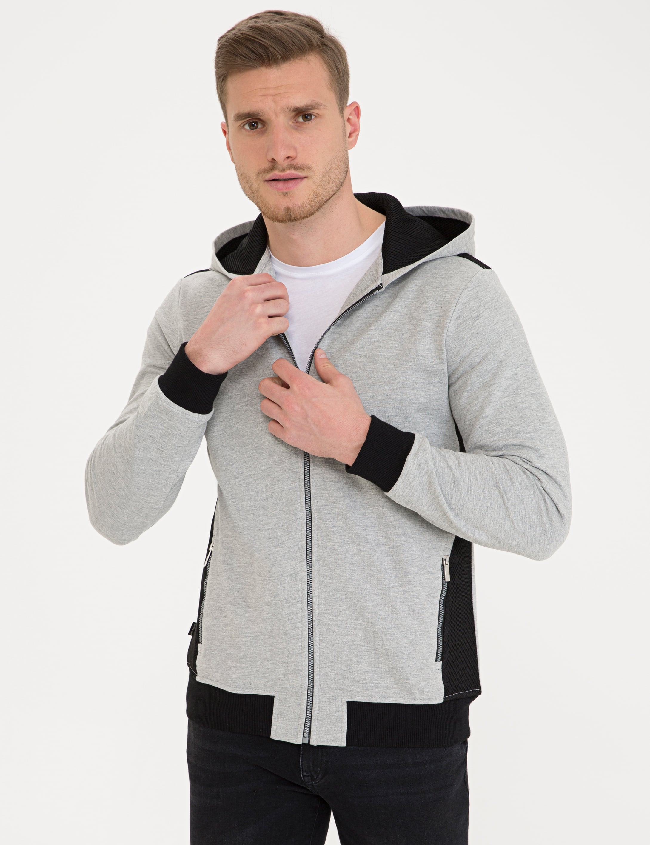 Gri Melanj Standart Fit Kapüşonlu Sweatshirt