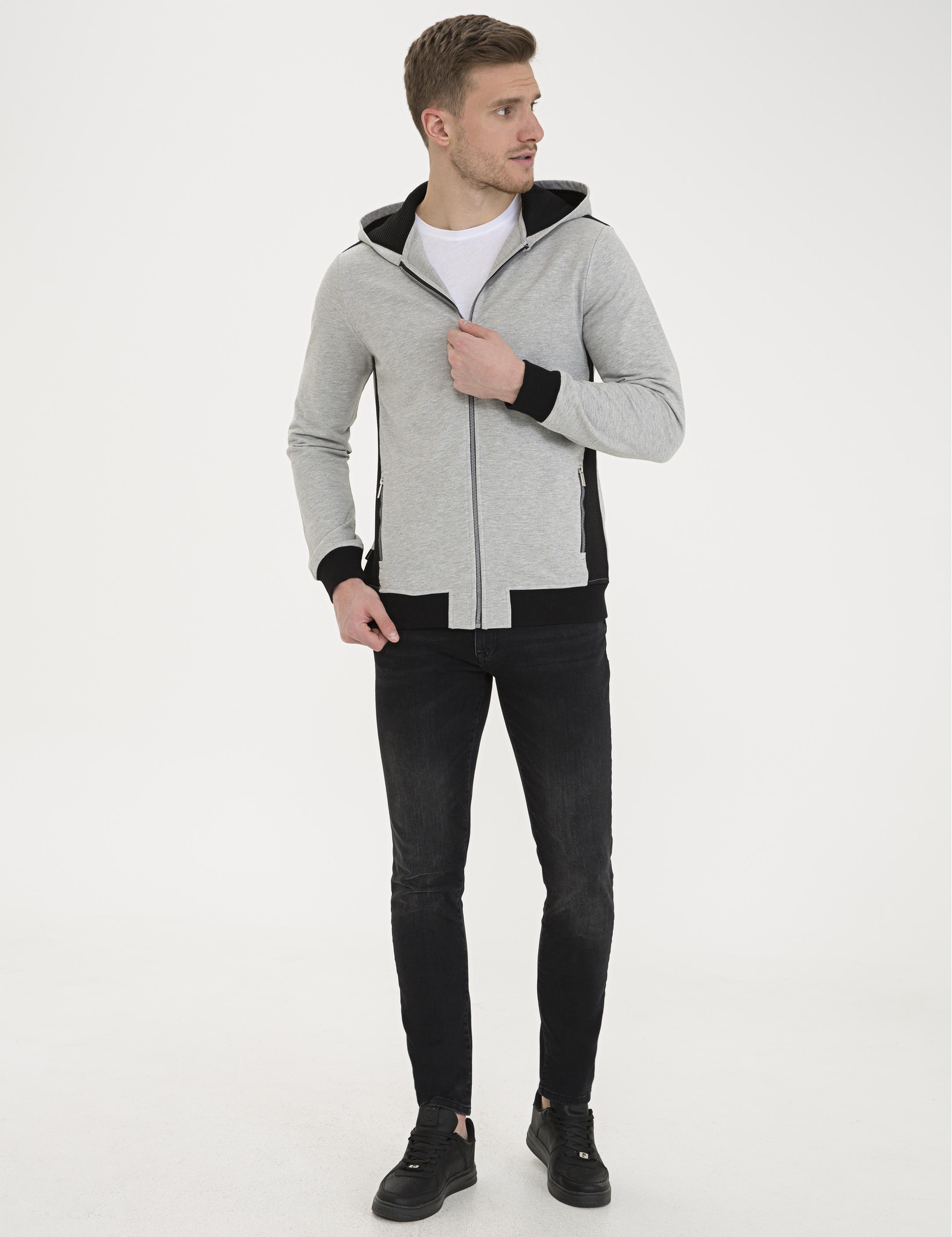 Gri Melanj Standart Fit Kapüşonlu Sweatshirt