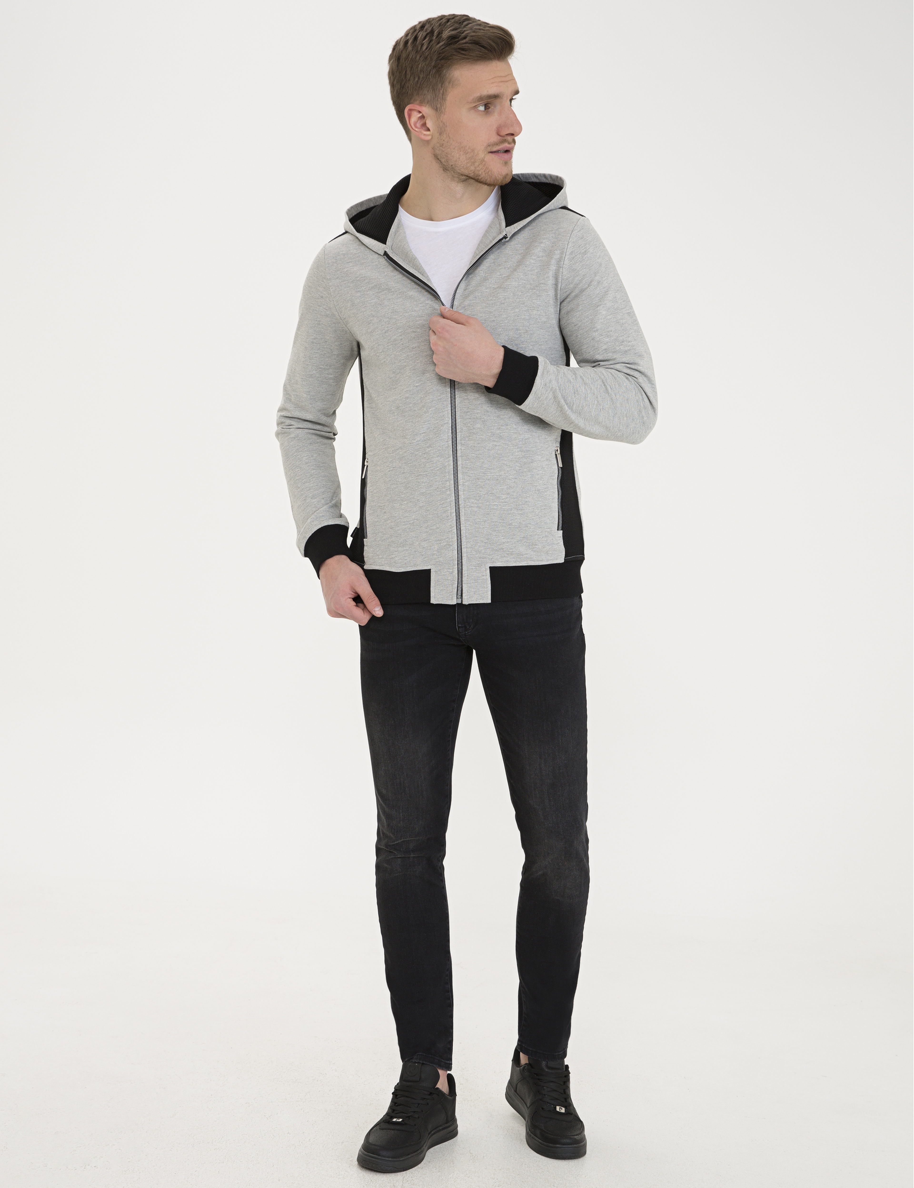 Gri Melanj Standart Fit Kapüşonlu Sweatshirt - Image 5