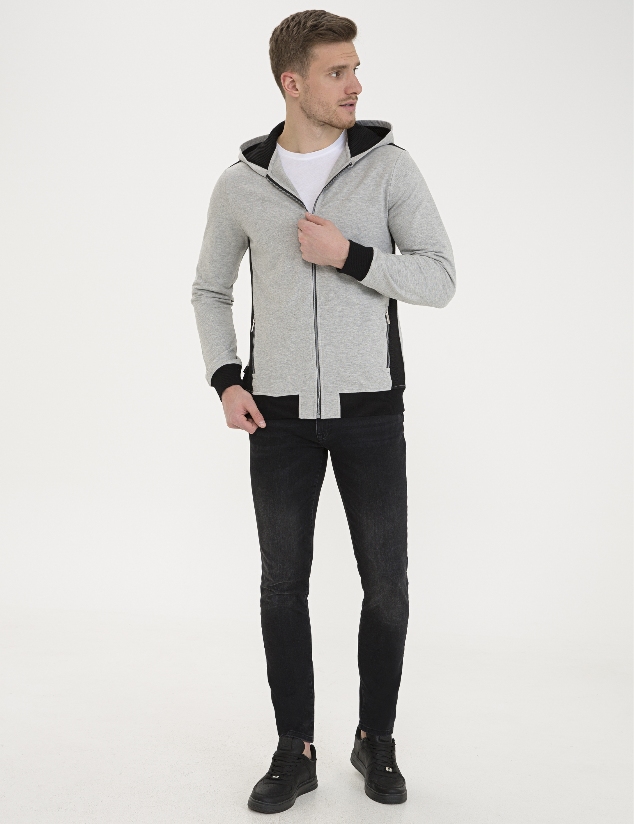 Gri Melanj Standart Fit Kapüşonlu Sweatshirt