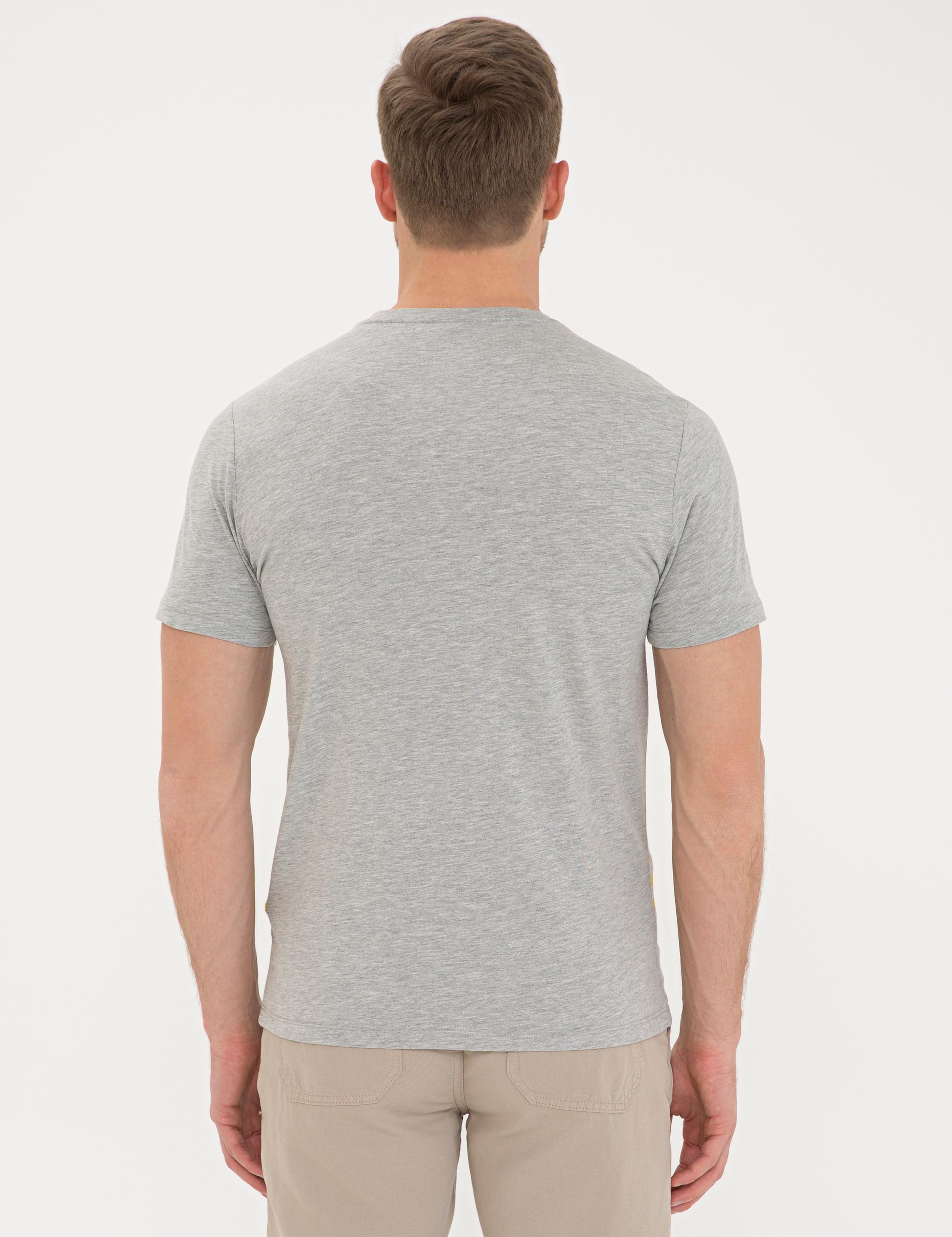 Açık Gri Melanj Slim Fit Baskılı Bisiklet Yaka Tişört