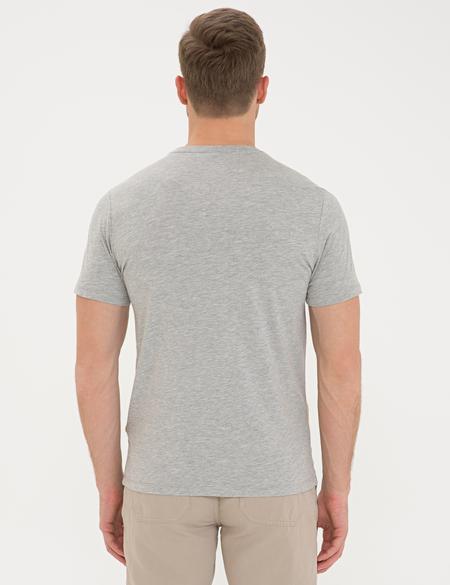 Açık Gri Melanj Slim Fit Baskılı Bisiklet Yaka Tişört - 50233263151