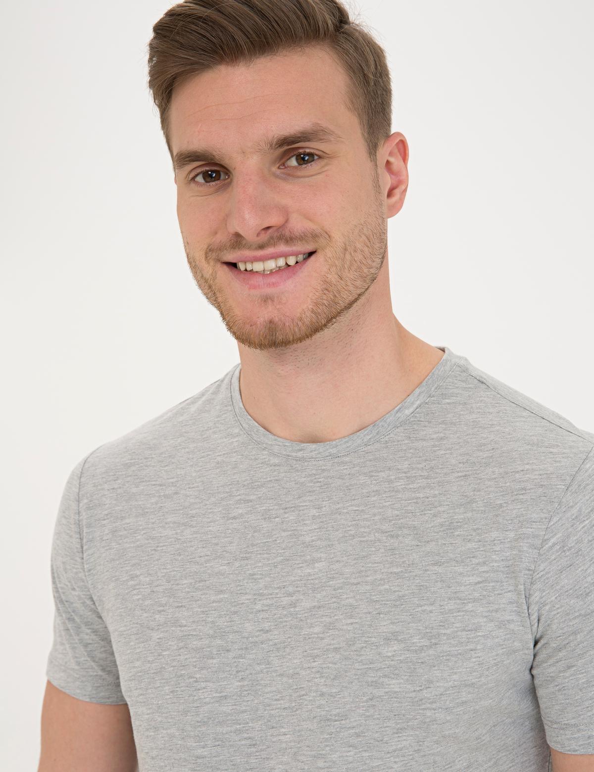 Açık Gri Melanj Slim Fit Baskılı Bisiklet Yaka Tişört - 50233263151