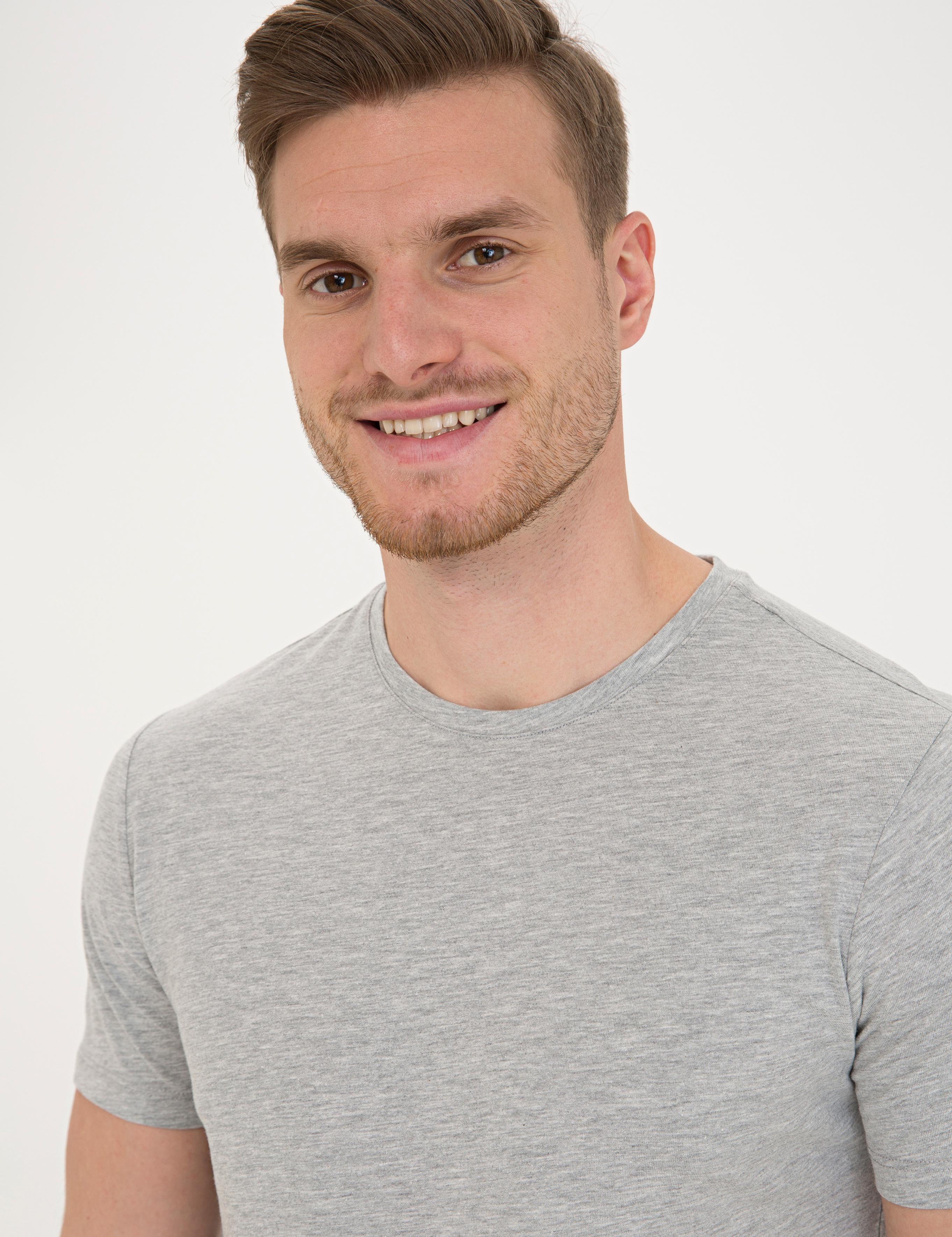 Açık Gri Melanj Slim Fit Baskılı Bisiklet Yaka Tişört