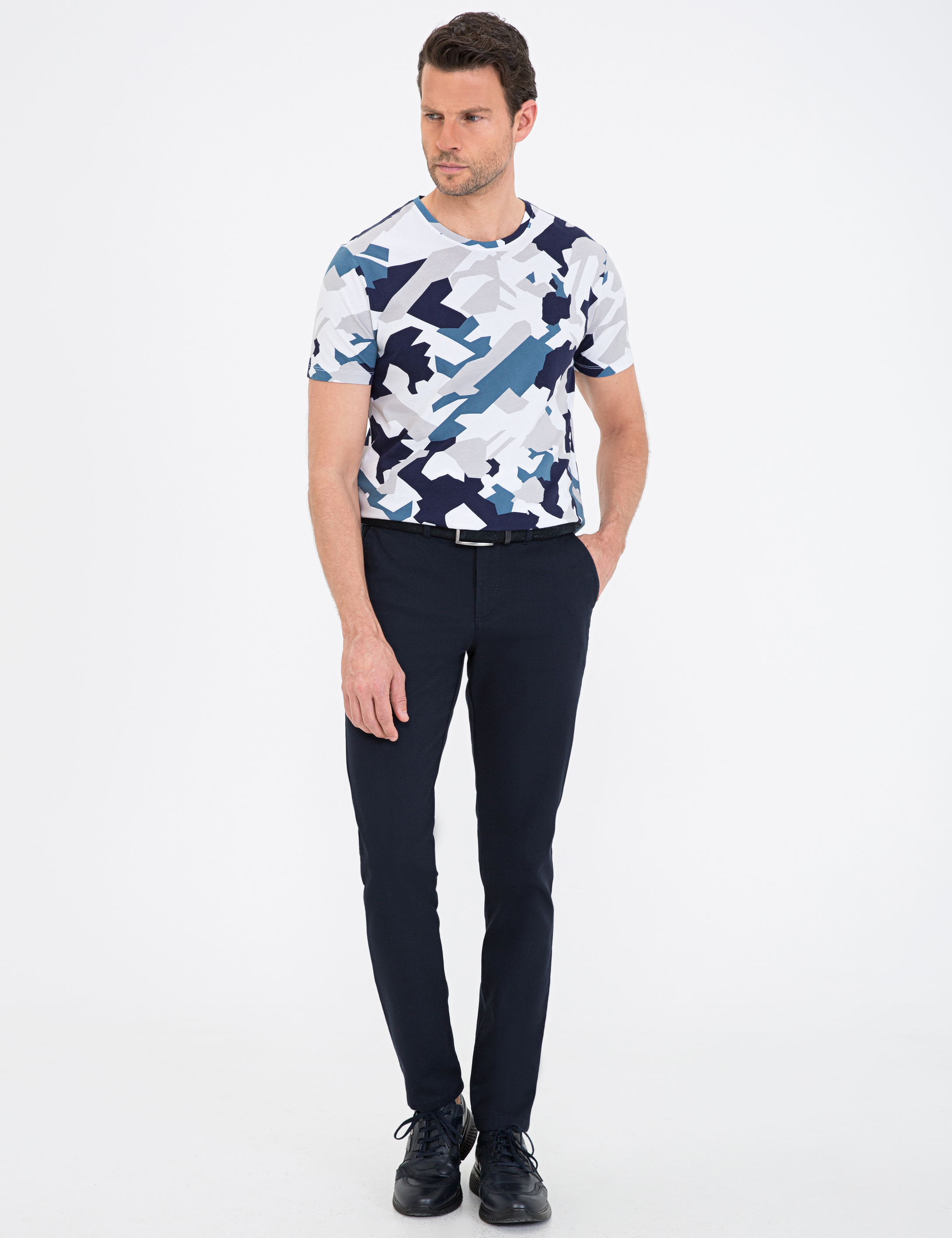 Koyu Mavi Slim Fit Bisiklet Yaka Tişört - Image 4