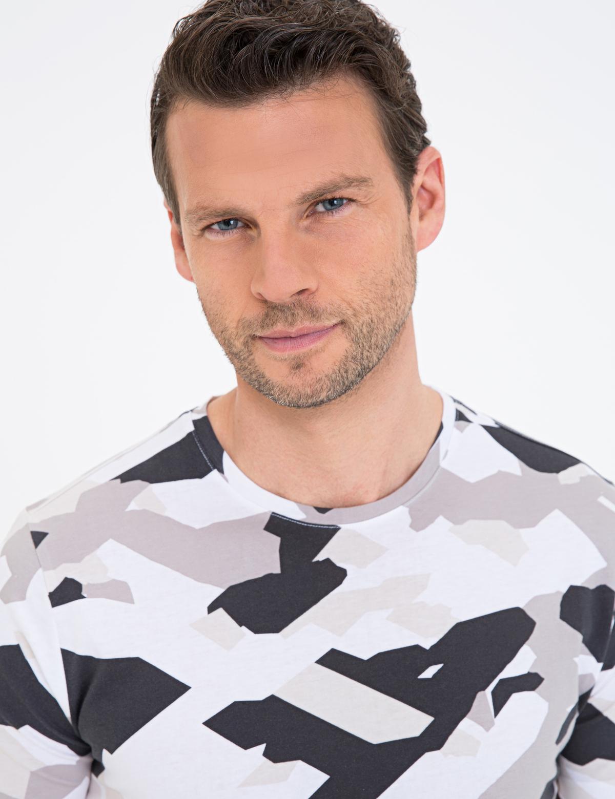 Taş Rengi Slim Fit Baskılı Bisiklet Yaka Tişört - 50232428091