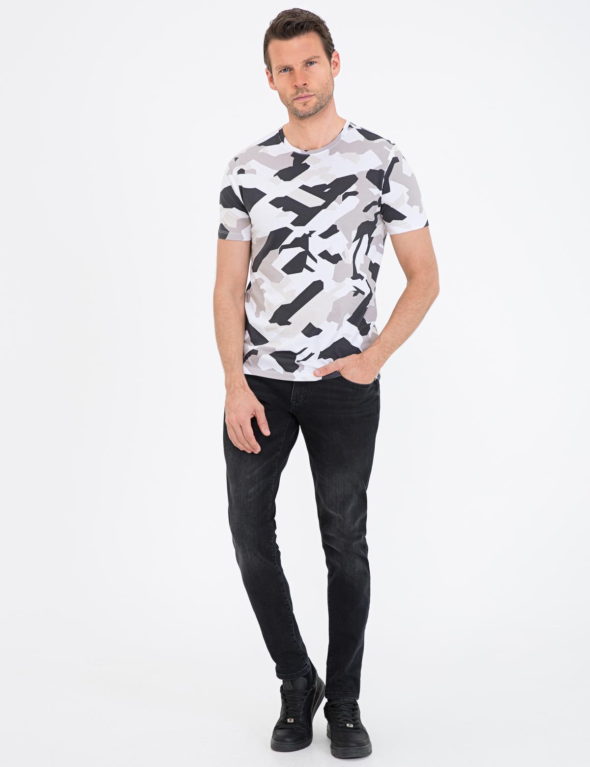 Taş Rengi Slim Fit Baskılı Bisiklet Yaka Tişört - 50232428091