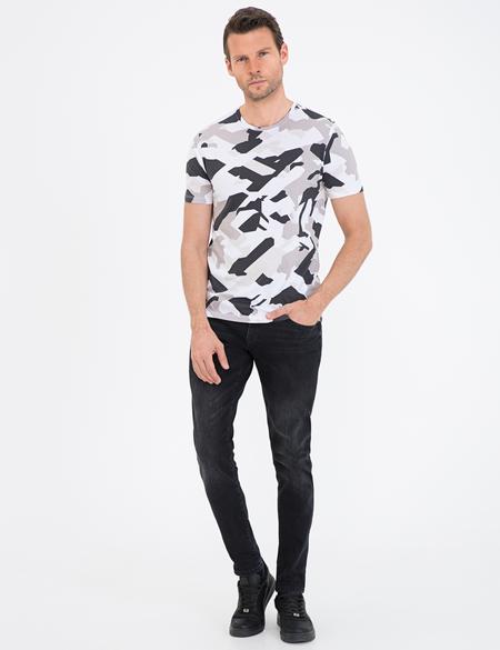 Taş Rengi Slim Fit Baskılı Bisiklet Yaka Tişört - 50232428091