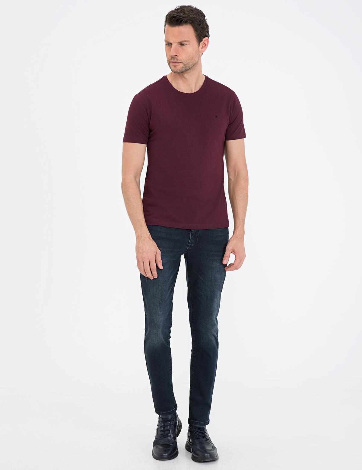 Bordo Slim Fit Bisiklet Yaka Basic Tişört - 50239845017