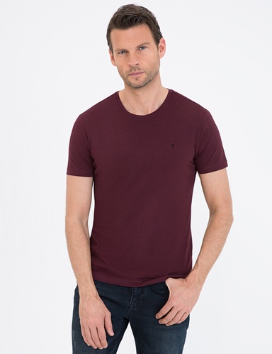Bordo Slim Fit Bisiklet Yaka Basic Tişört
