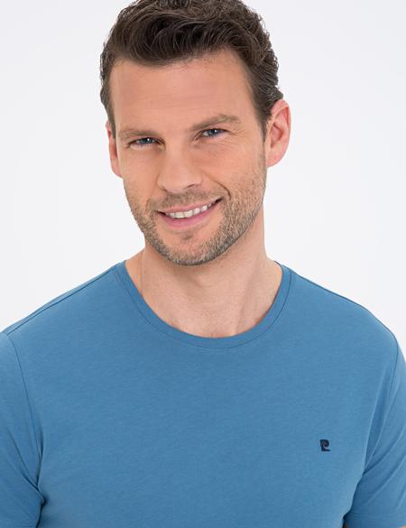 İndigo Mavi Slim Fit Bisiklet Yaka Basic Tişört - 50239845041