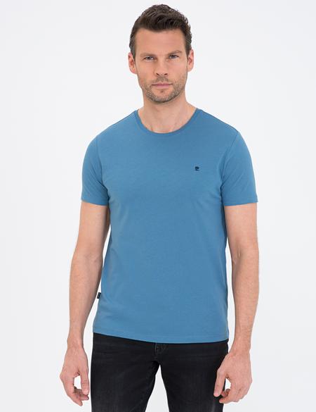 İndigo Mavi Slim Fit Bisiklet Yaka Basic Tişört - 50239845041
