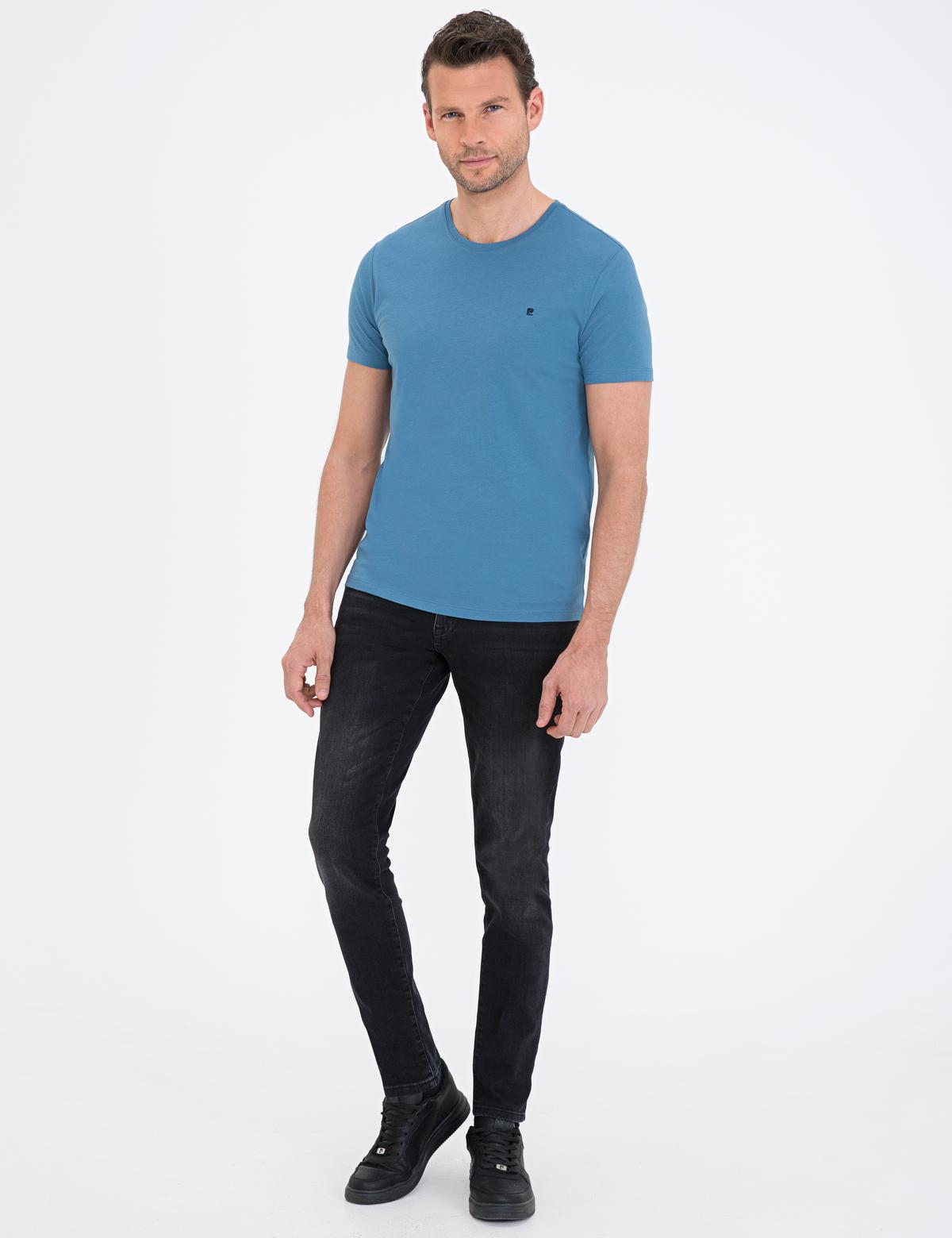 İndigo Mavi Slim Fit Bisiklet Yaka Basic Tişört - 50239845041