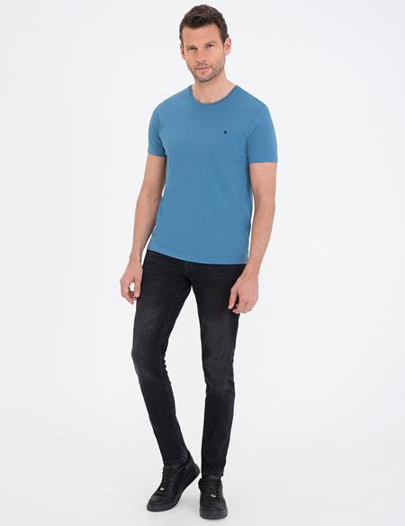 İndigo Mavi Slim Fit Bisiklet Yaka Basic Tişört - 50239845041