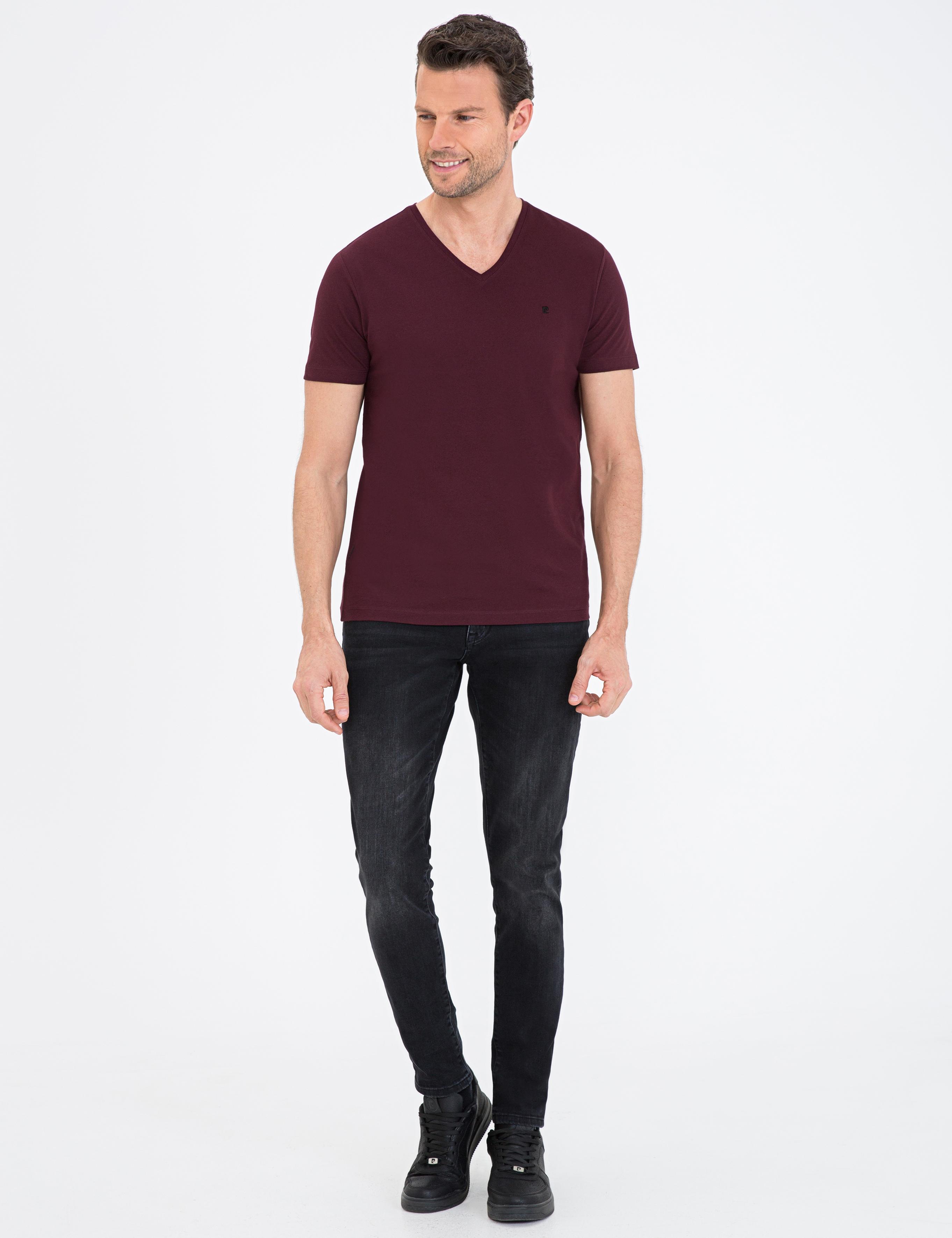 Bordo Slim Fit V Yaka Basic Tişört