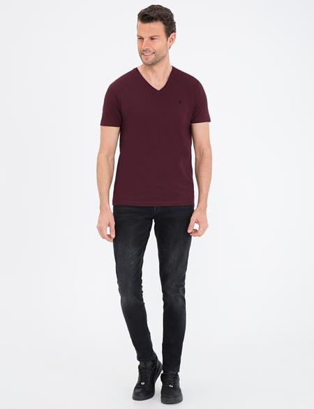 Bordo Slim Fit V Yaka Basic Tişört - 50239846009