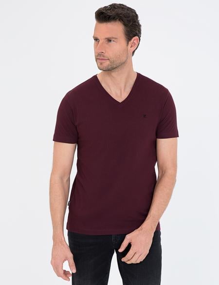 Bordo Slim Fit V Yaka Basic Tişört - 50239846009