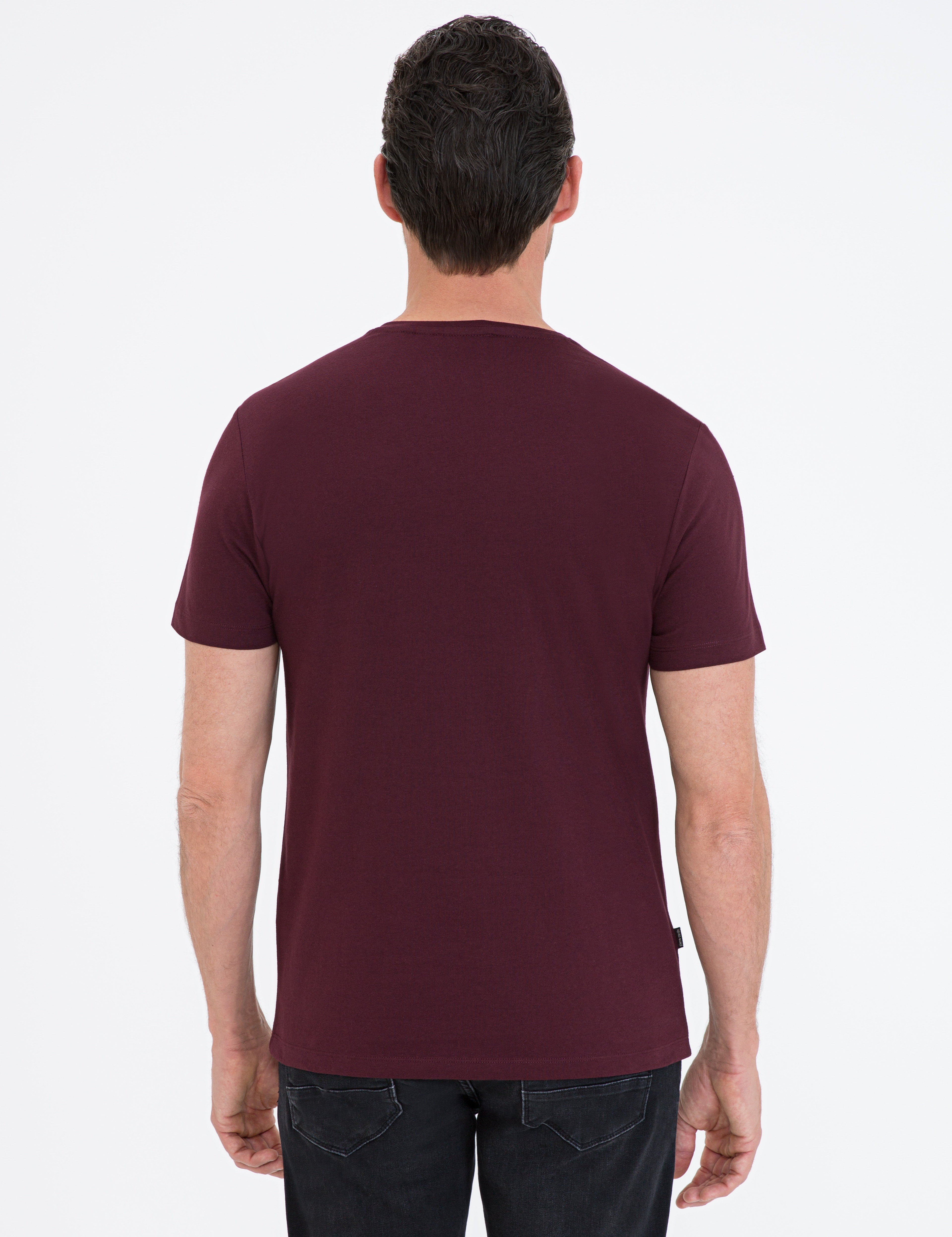 Bordo Slim Fit V Yaka Basic Tişört - Image 3