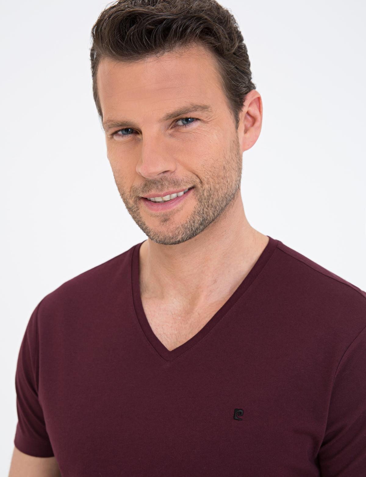 Bordo Slim Fit V Yaka Basic Tişört - 50239846009