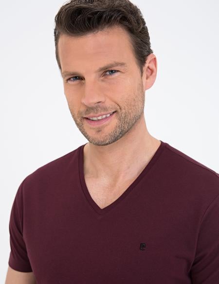 Bordo Slim Fit V Yaka Basic Tişört - 50239846009