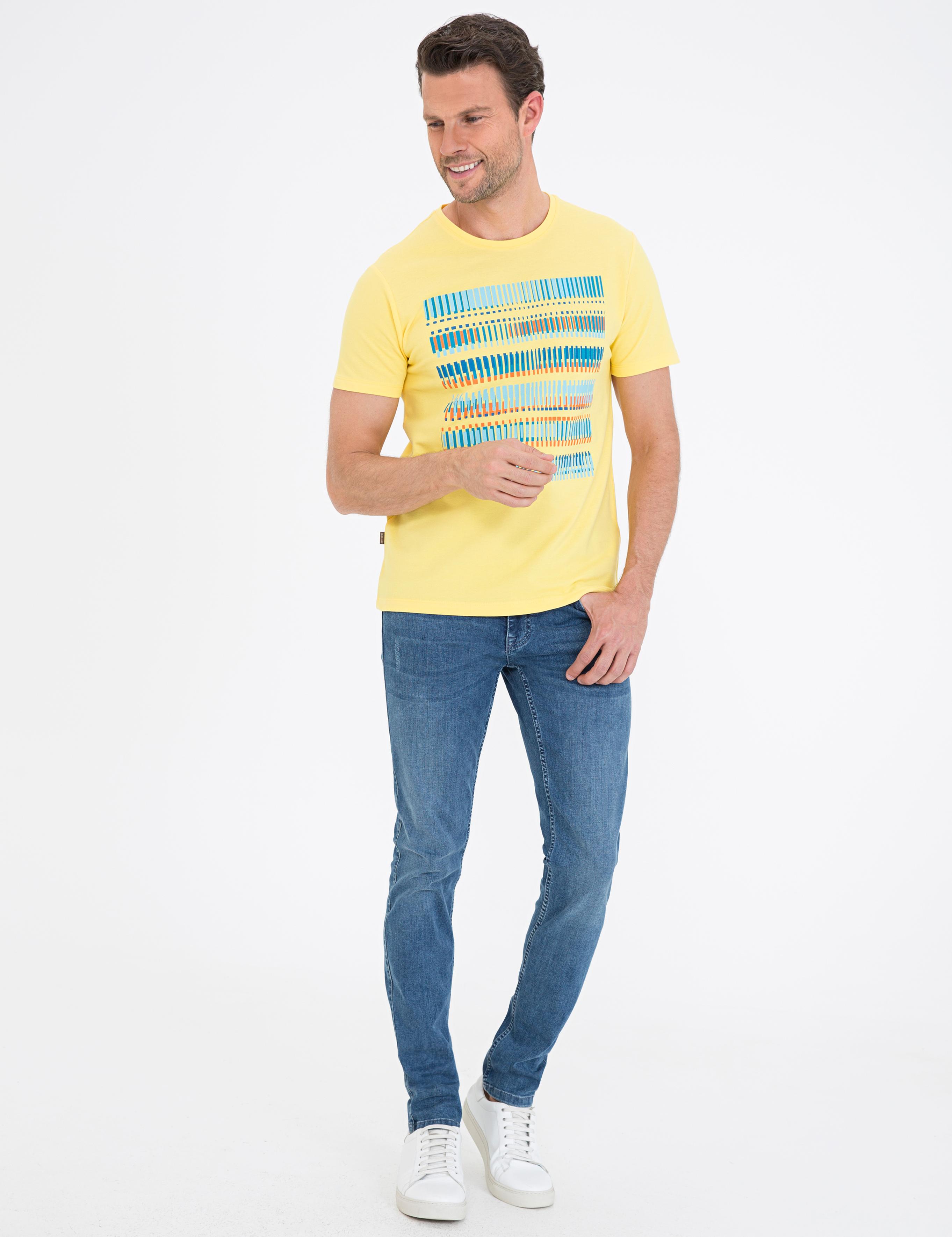 Sarı Slim Fit Baskılı Bisiklet Yaka Tişört