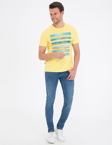 Sarı Slim Fit Baskılı Bisiklet Yaka Tişört - 50232410151