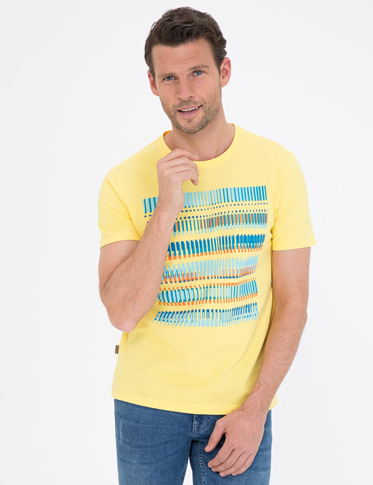 Sarı Slim Fit Baskılı Bisiklet Yaka Tişört