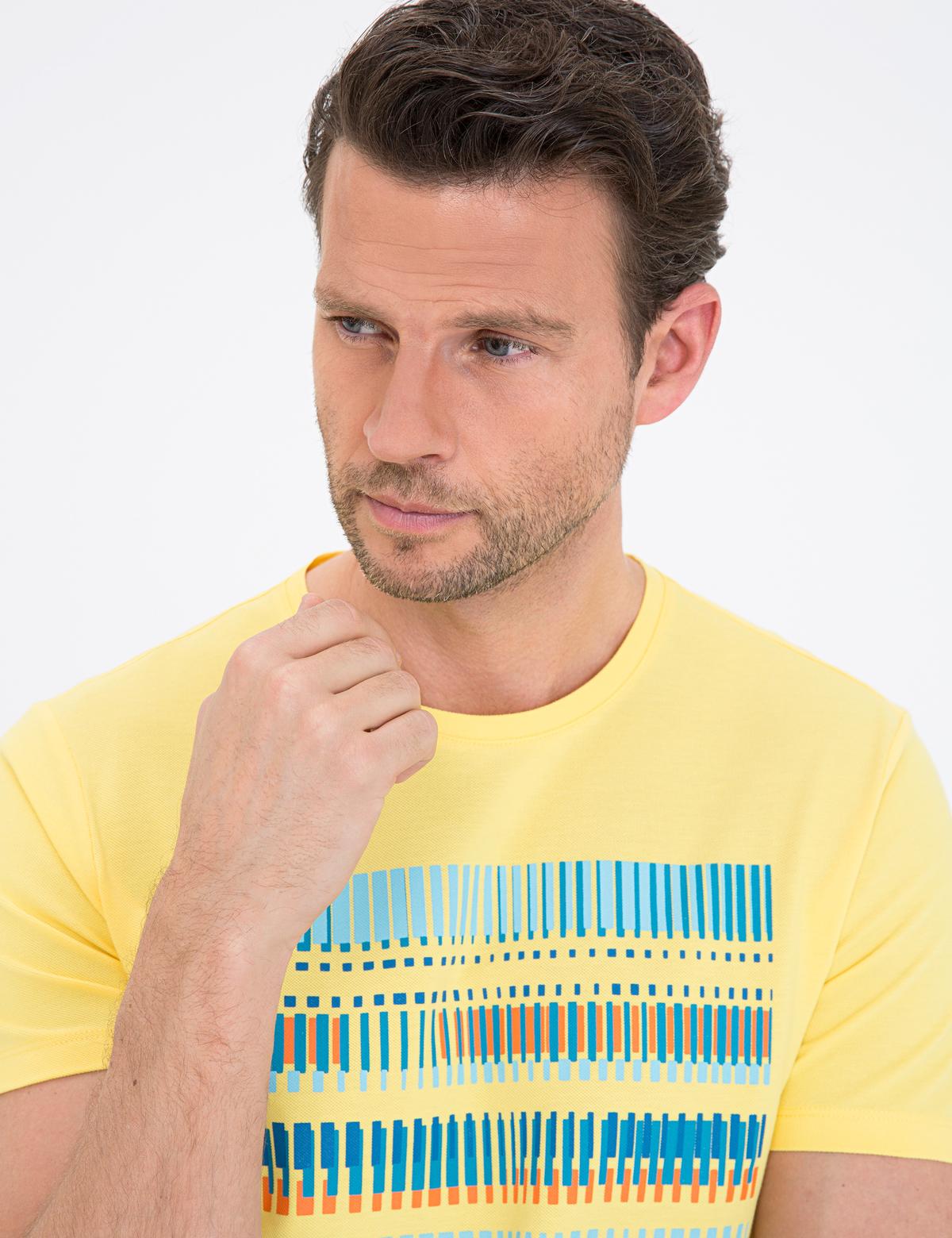Sarı Slim Fit Baskılı Bisiklet Yaka Tişört - 50232410151