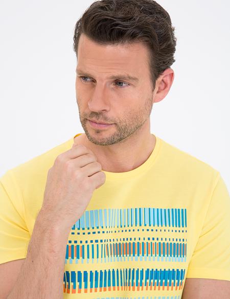 Sarı Slim Fit Baskılı Bisiklet Yaka Tişört - 50232410151