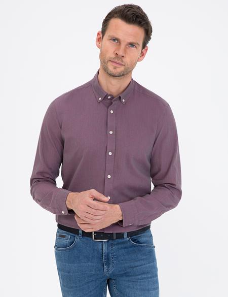 Mor Keten Karışımlı Regular Fit Uzun Kollu Gömlek - 50235132144