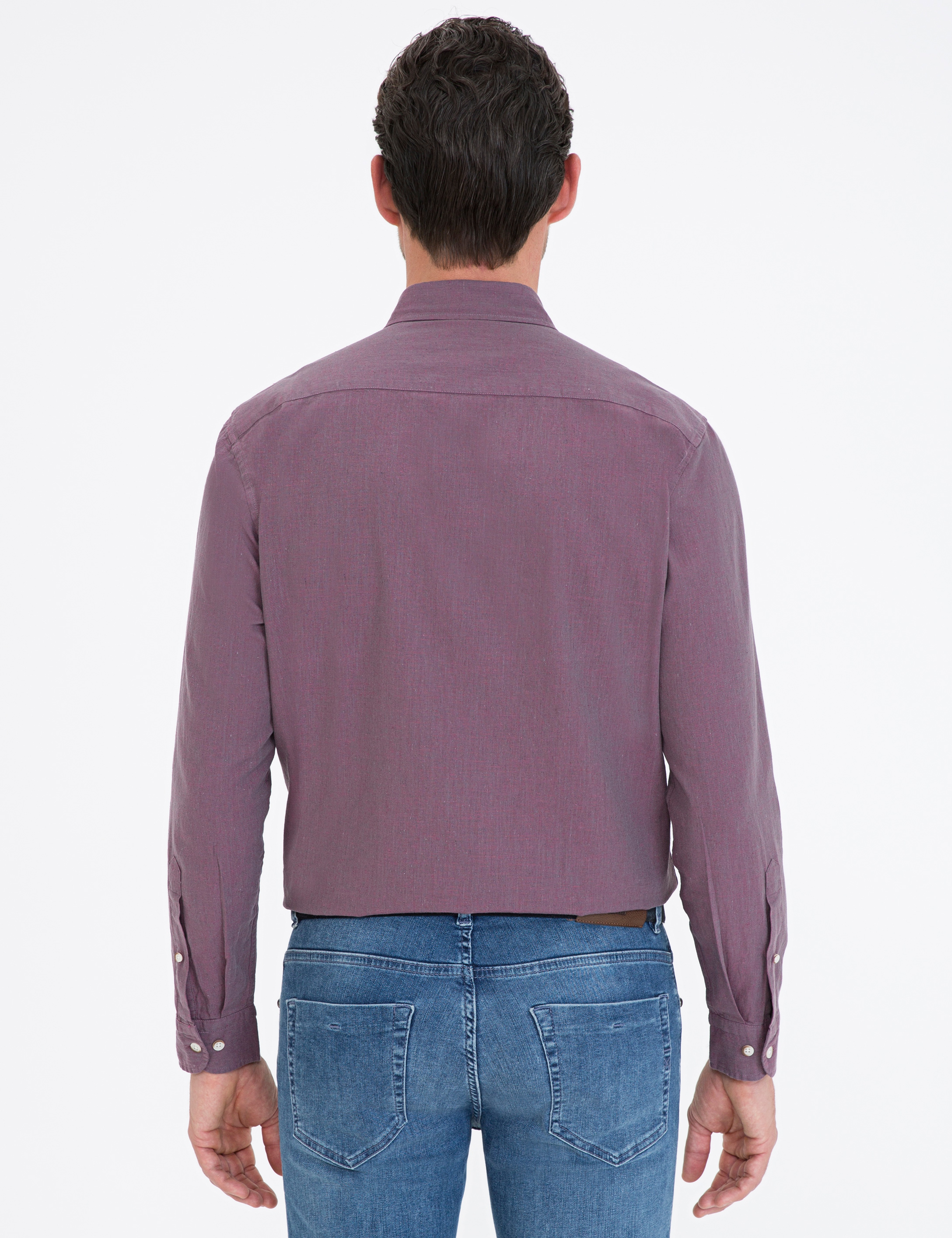 Mor Keten Karışımlı Regular Fit Uzun Kollu Gömlek - Image 3