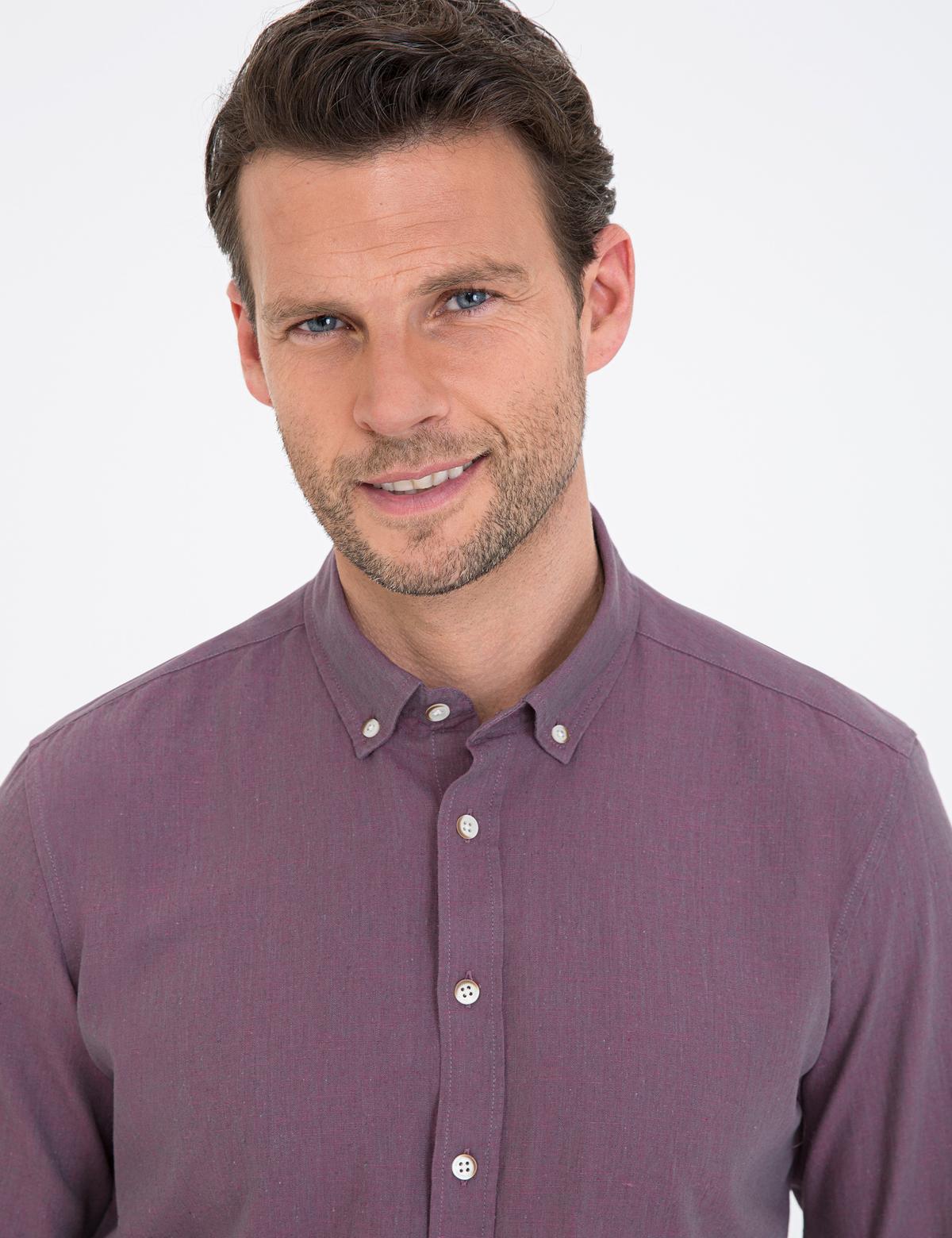 Mor Keten Karışımlı Regular Fit Uzun Kollu Gömlek - 50235132144