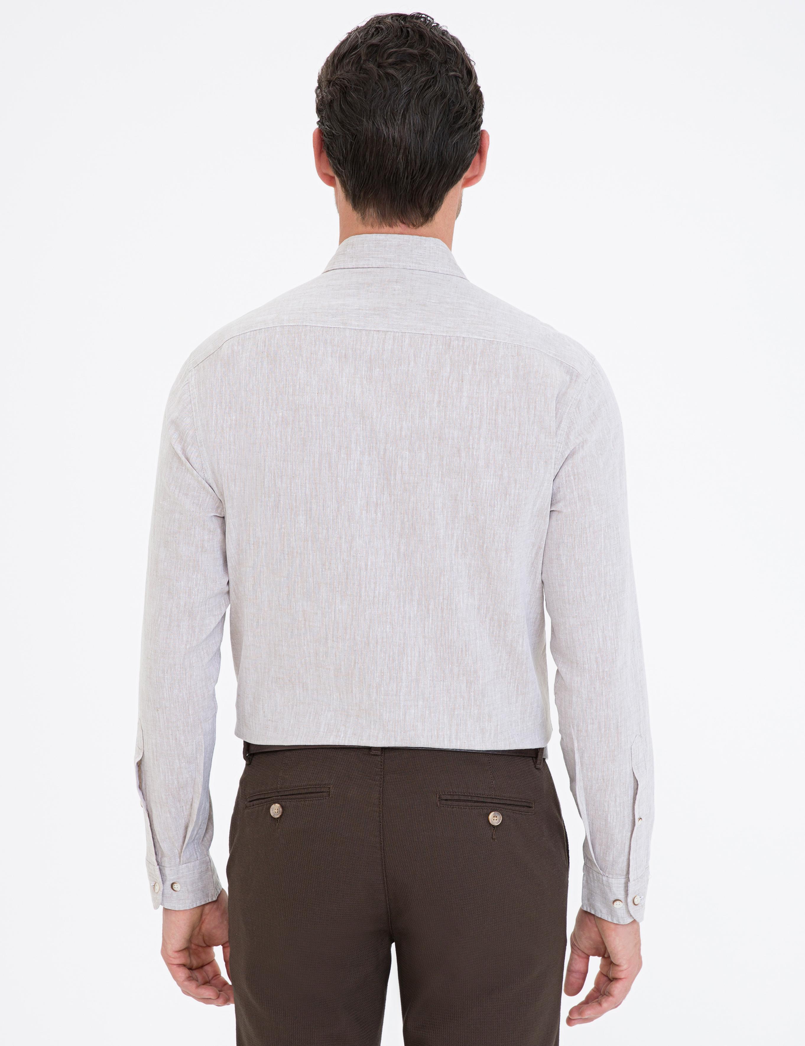 Bej Keten Karışımlı Regular Fit Uzun Kollu Gömlek