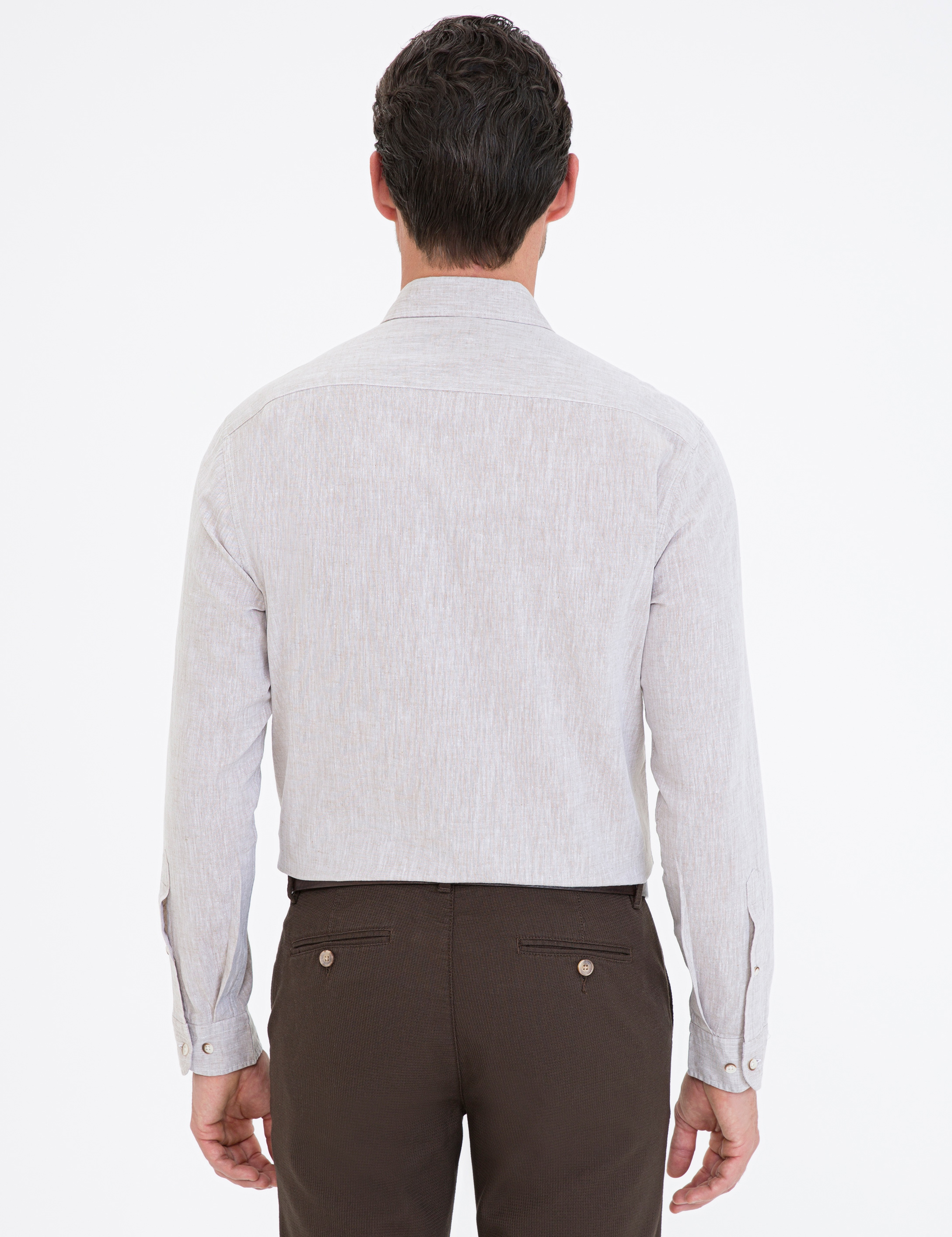 Bej Keten Karışımlı Regular Fit Uzun Kollu Gömlek - Image 3