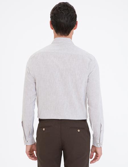 Bej Keten Karışımlı Regular Fit Uzun Kollu Gömlek - 50235132051