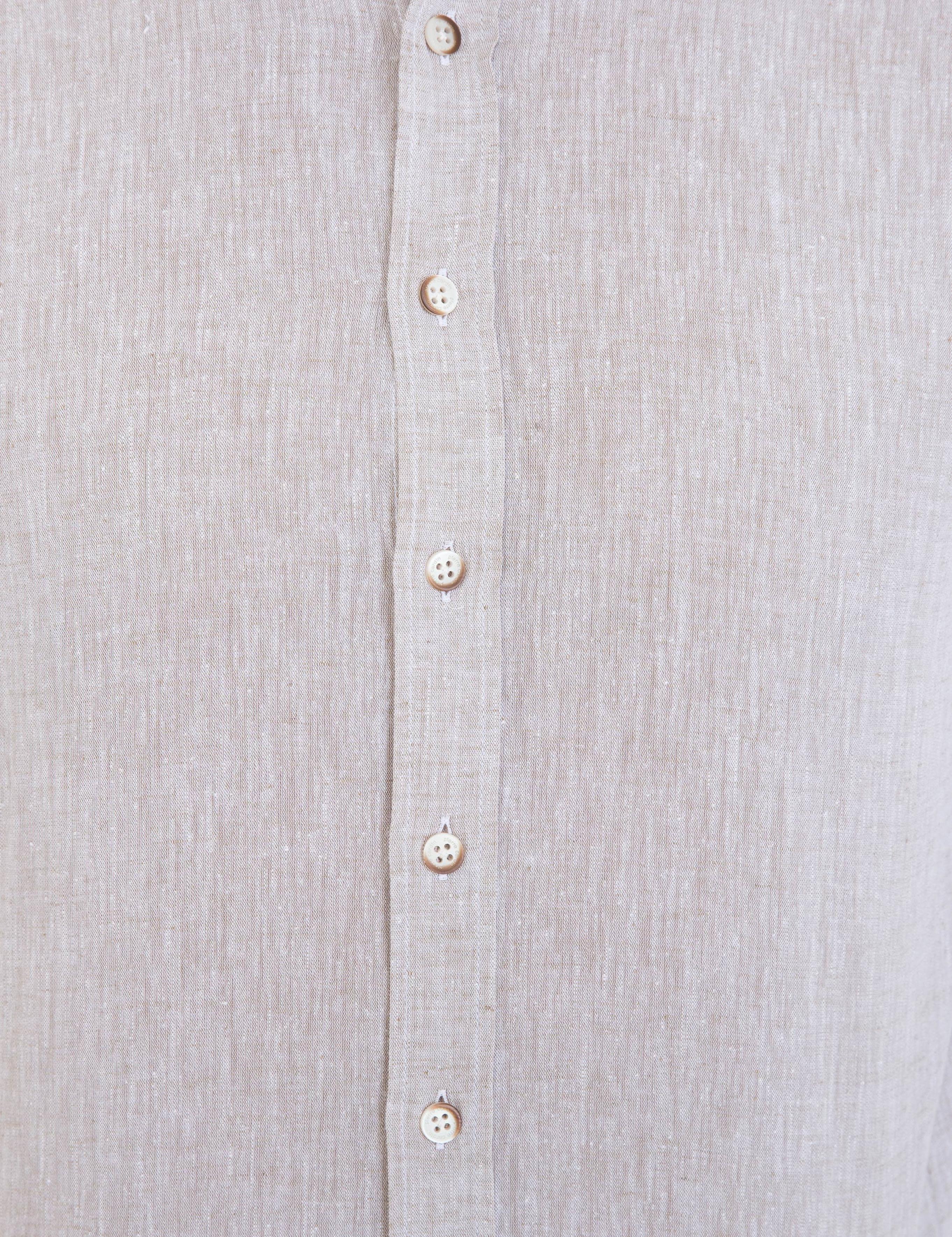 Bej Keten Karışımlı Regular Fit Uzun Kollu Gömlek