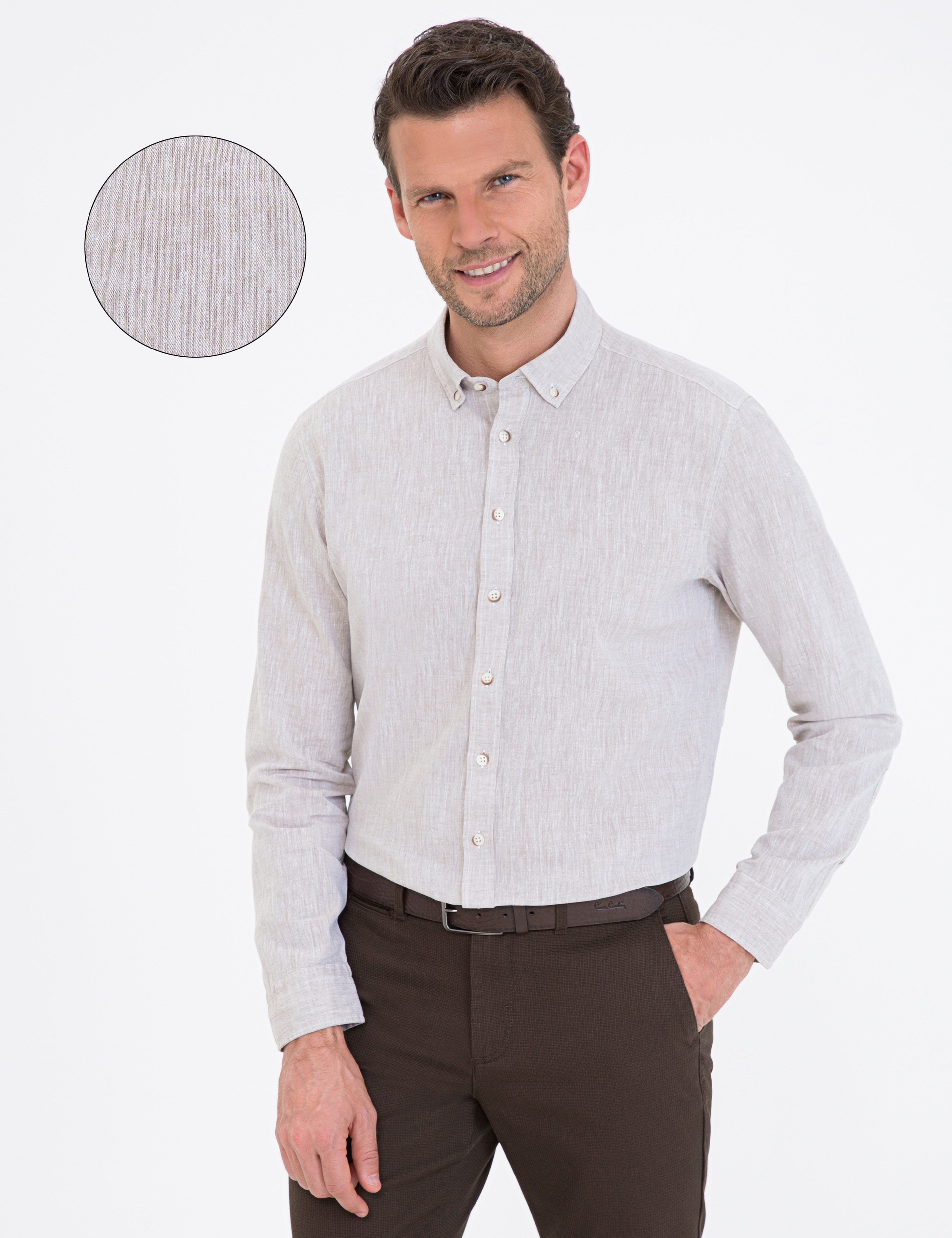 Bej Keten Karışımlı Regular Fit Uzun Kollu Gömlek - Image 1