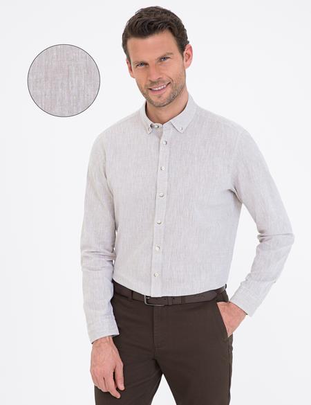 Bej Keten Karışımlı Regular Fit Uzun Kollu Gömlek - 50235132051