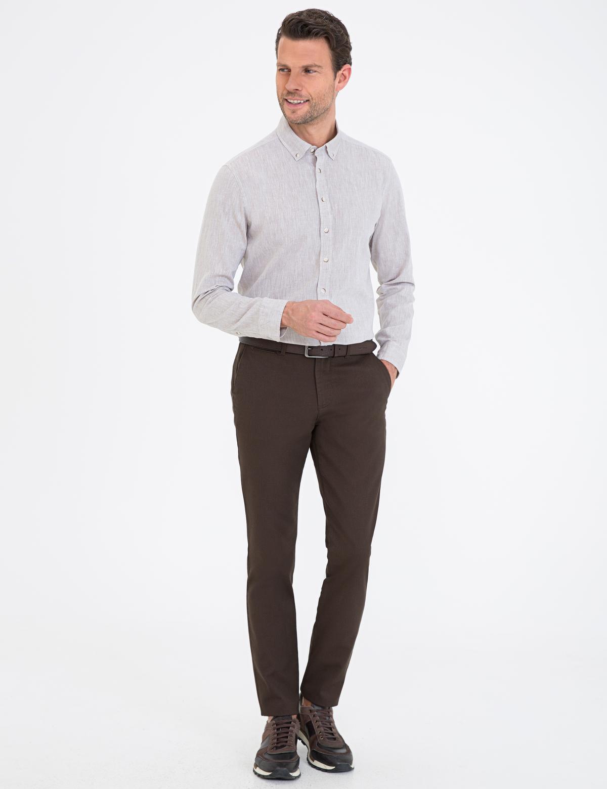 Bej Keten Karışımlı Regular Fit Uzun Kollu Gömlek - 50235132051