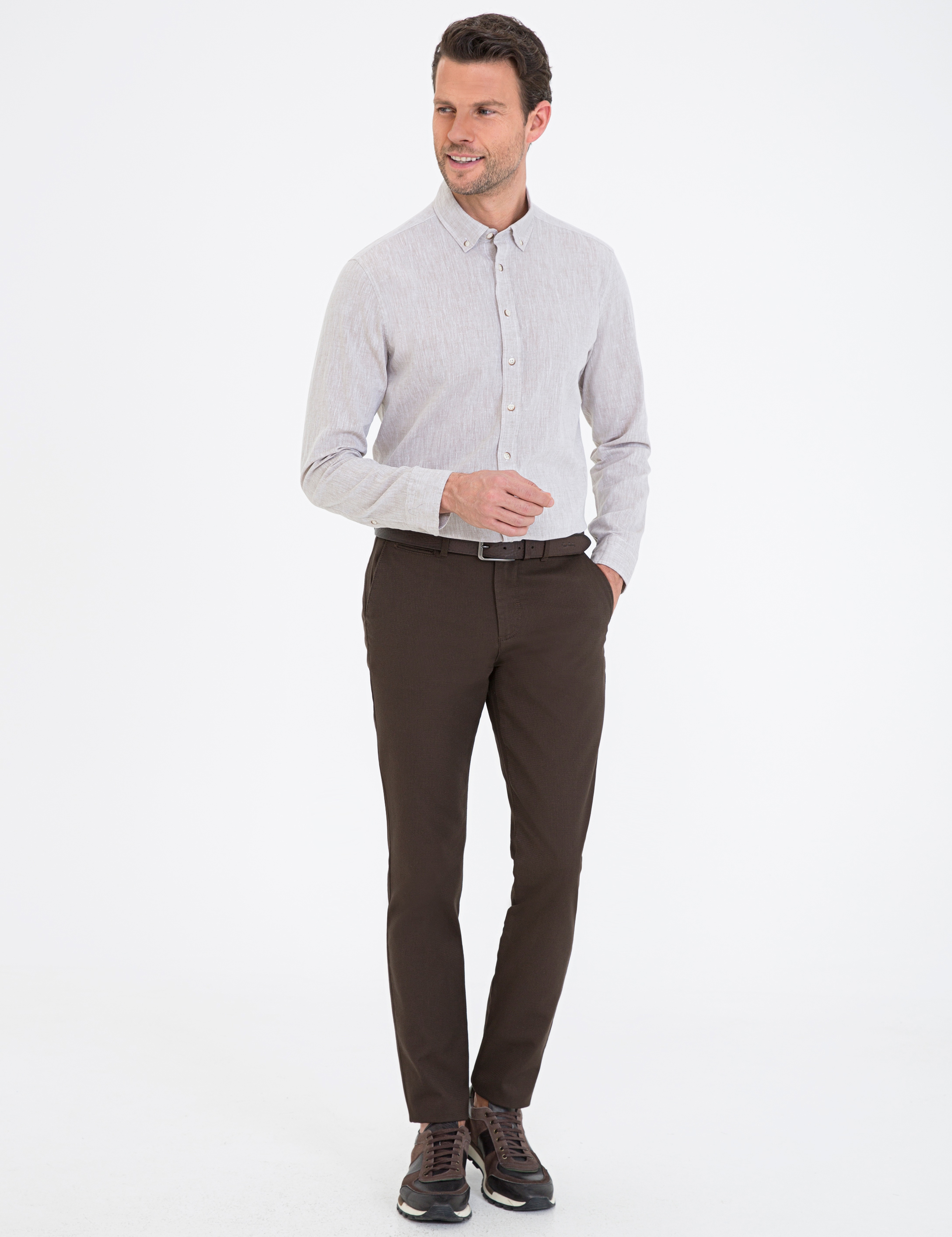 Bej Keten Karışımlı Regular Fit Uzun Kollu Gömlek - Image 4