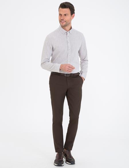 Bej Keten Karışımlı Regular Fit Uzun Kollu Gömlek - 50235132051