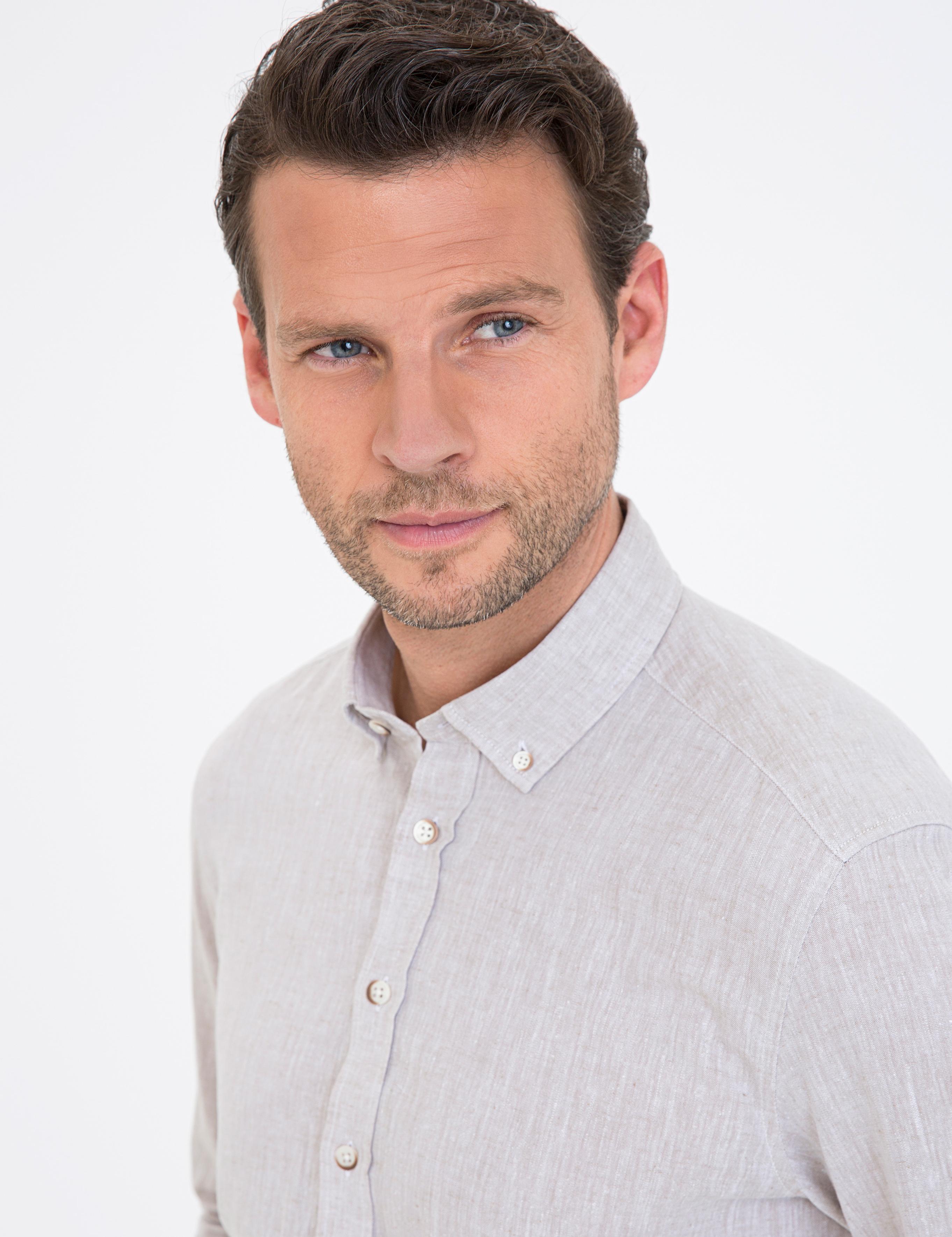 Bej Keten Karışımlı Regular Fit Uzun Kollu Gömlek