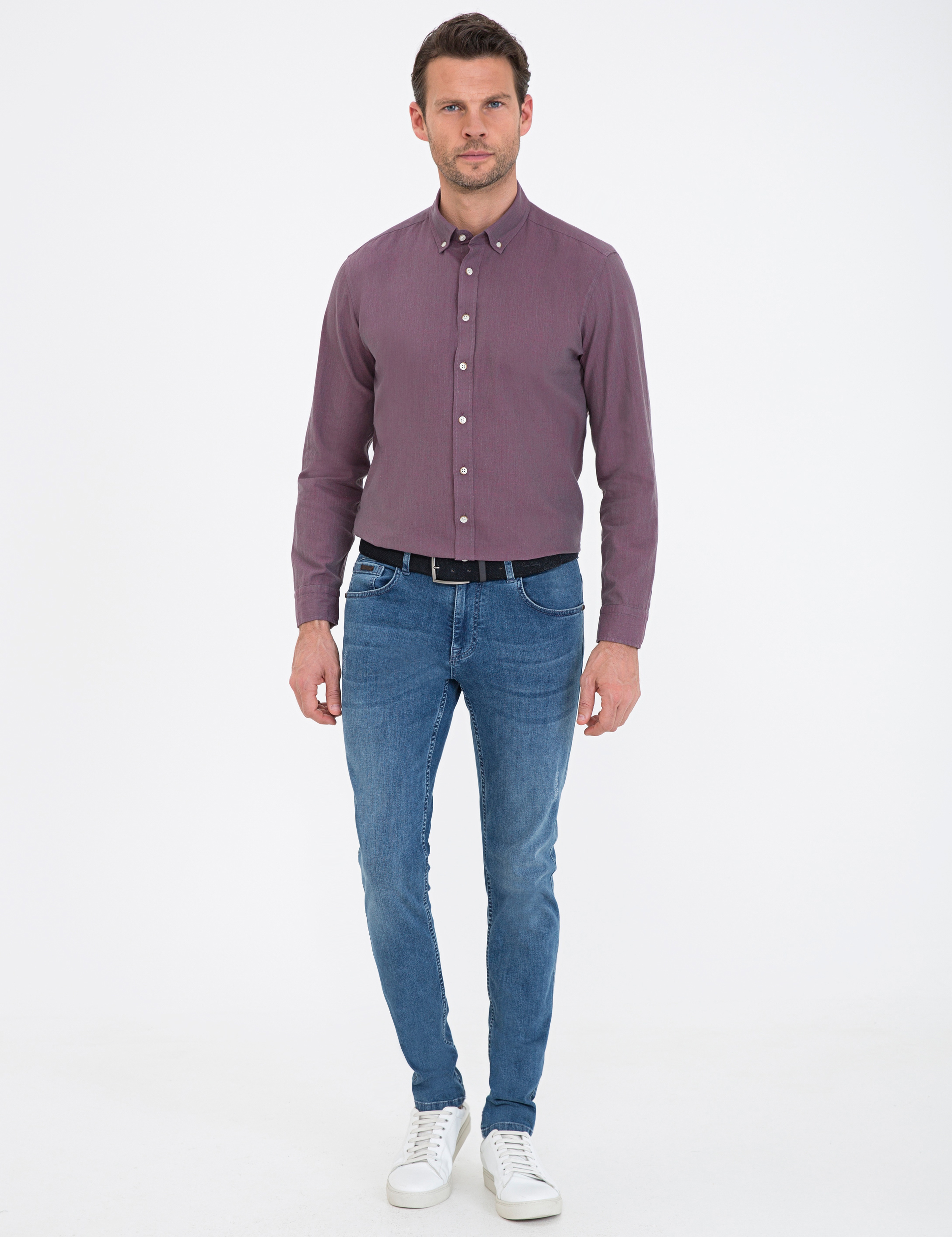 Mor Keten Karışımlı Regular Fit Uzun Kollu Gömlek - Image 4
