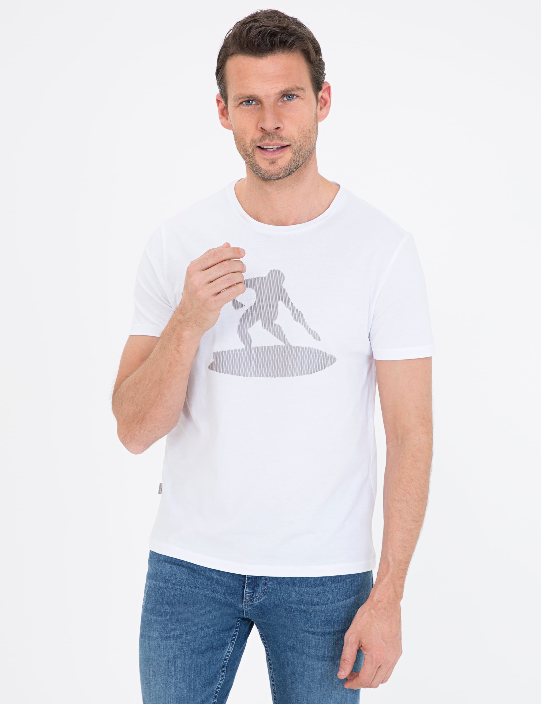 Beyaz Slim Fit Baskılı Bisiklet Yaka Tişört